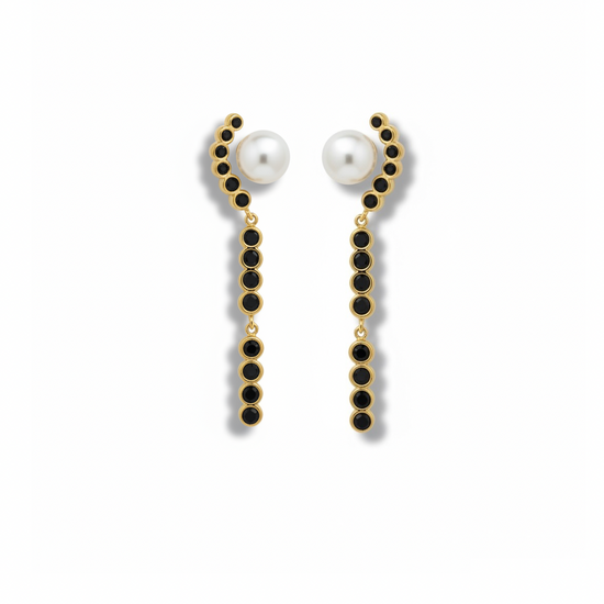 Pendientes Perla Noir largos dorados con piedras negras y perla blanca estilo elegante para mujer Bravata