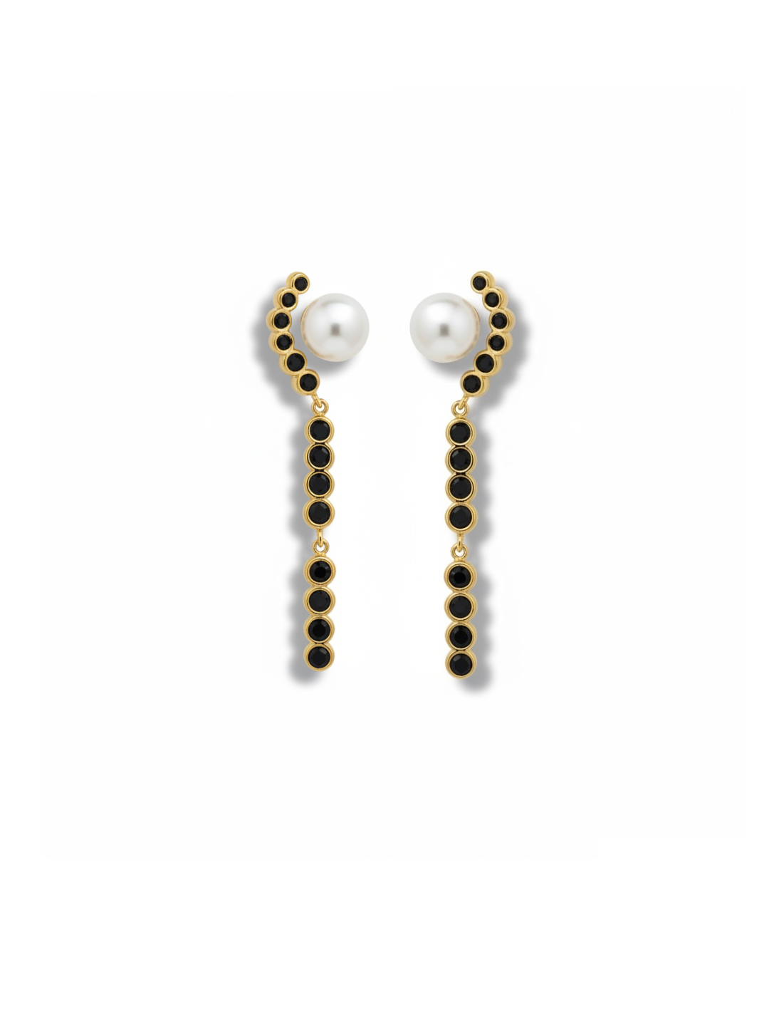 Pendientes Perla Noir largos dorados con piedras negras y perla blanca estilo elegante para mujer Bravata