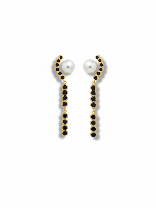 Pendientes Perla Noir largos dorados con piedras negras y perla blanca estilo elegante para mujer Bravata