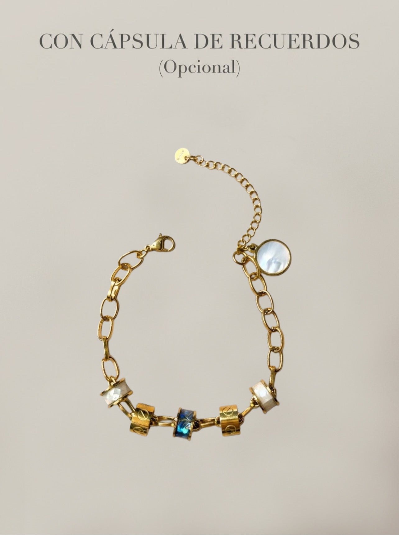 Pulsera dorada con eslabones y piedras decorativas con cápsula de recuerdos opcional Bravata