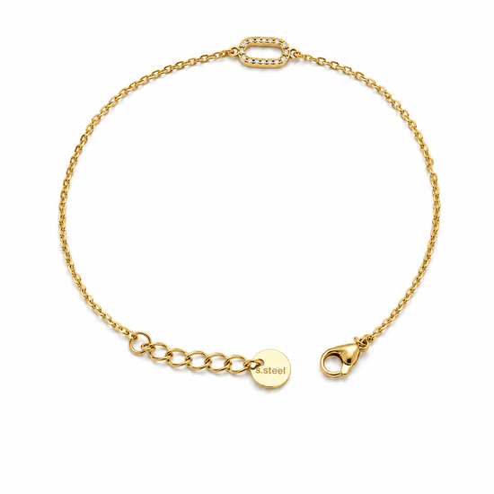 Pulsera Eslabón dorada de cadena fina con motivo ovalado de circonitas blancas y cierre ajustable de BRAVATA.