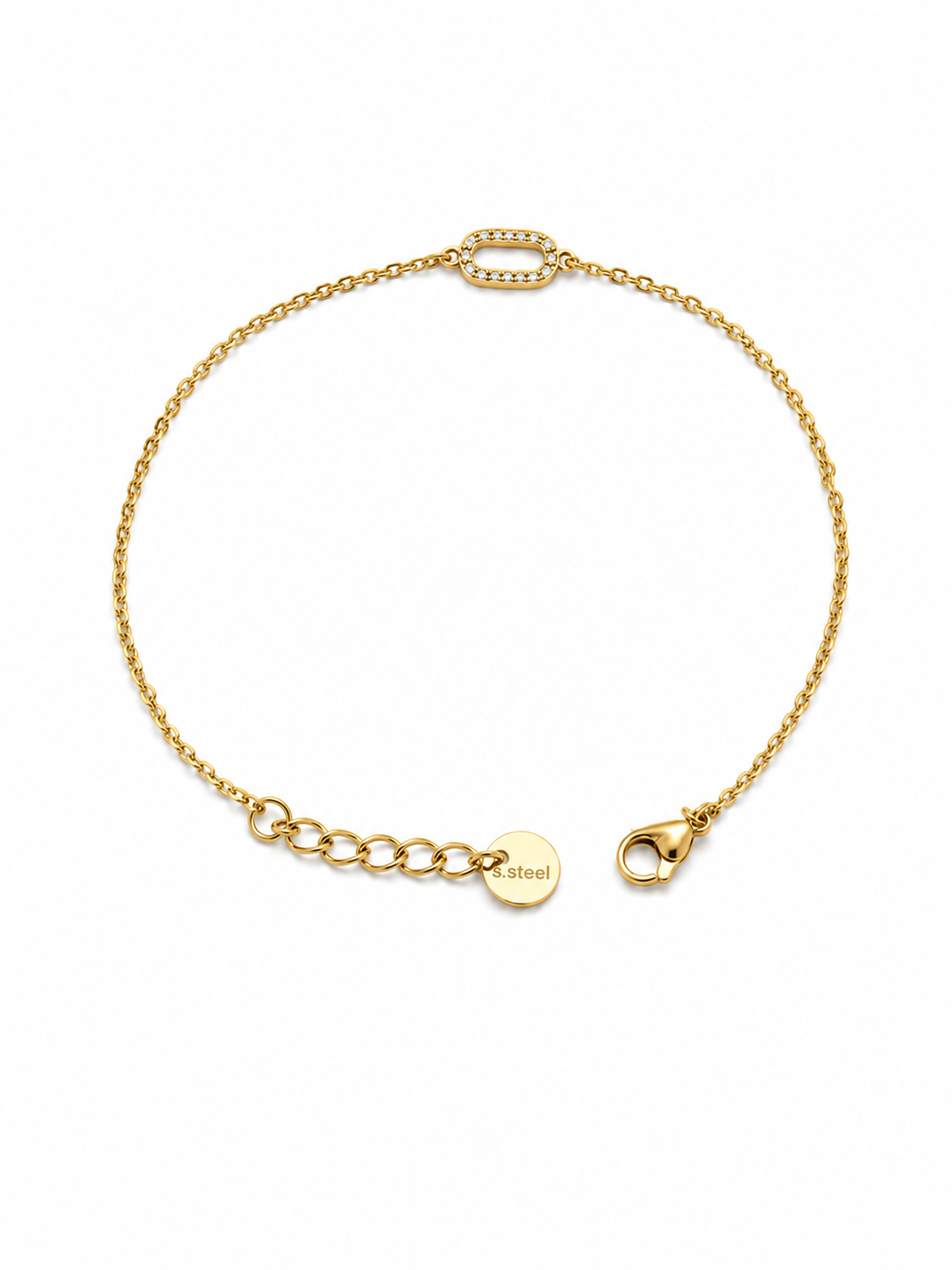 Pulsera Eslabón dorada de cadena fina con motivo ovalado de circonitas blancas y cierre ajustable de BRAVATA.