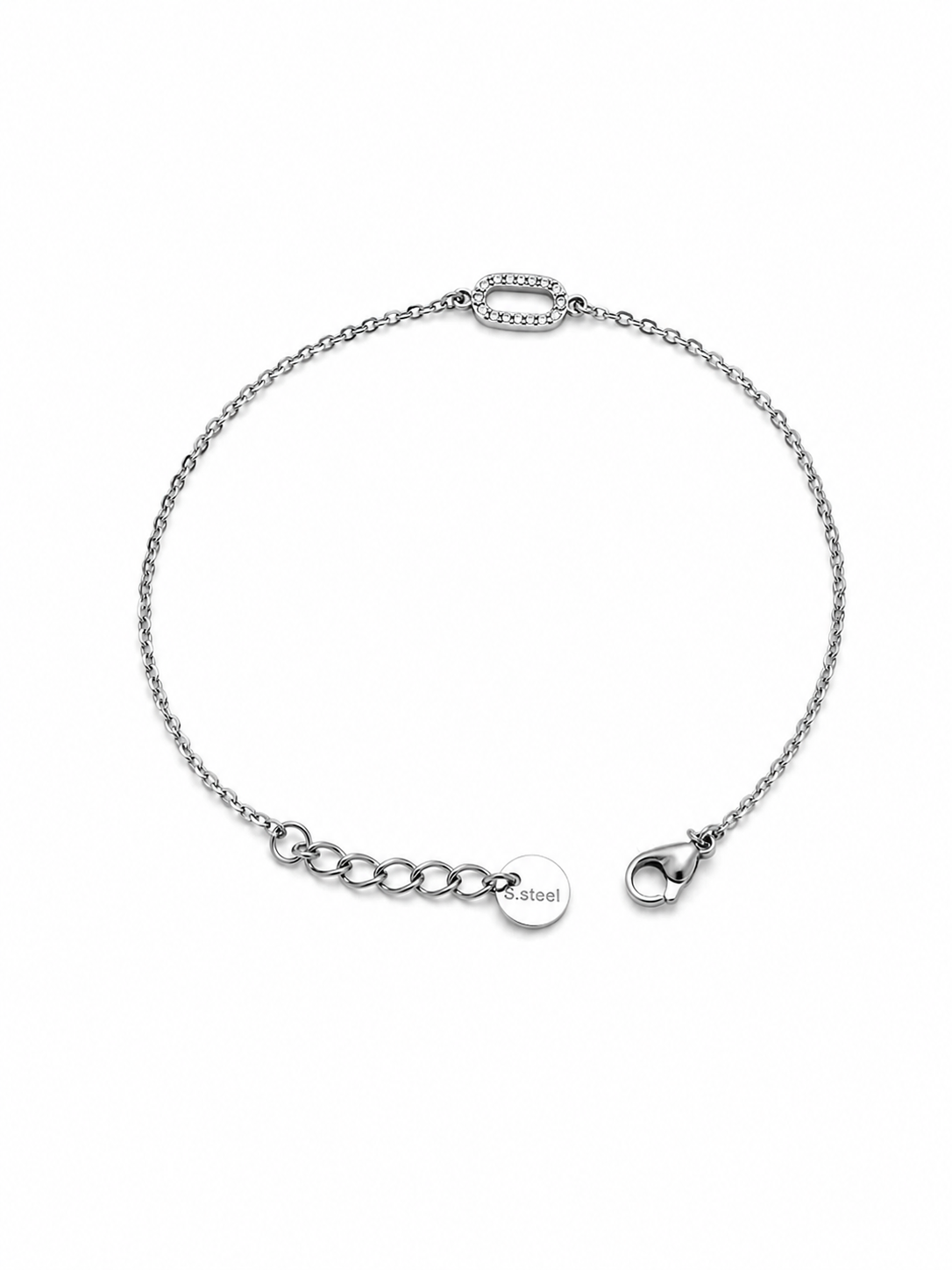 Pulsera Eslabón plateada de cadena fina con motivo ovalado de circonitas de BRAVATA.