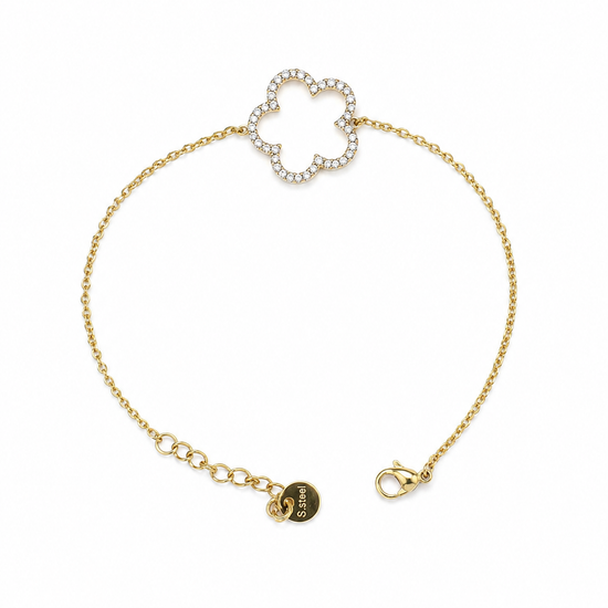 Pulsera Fiore dorada de cadena fina con motivo floral de circonitas blancas de BRAVATA.