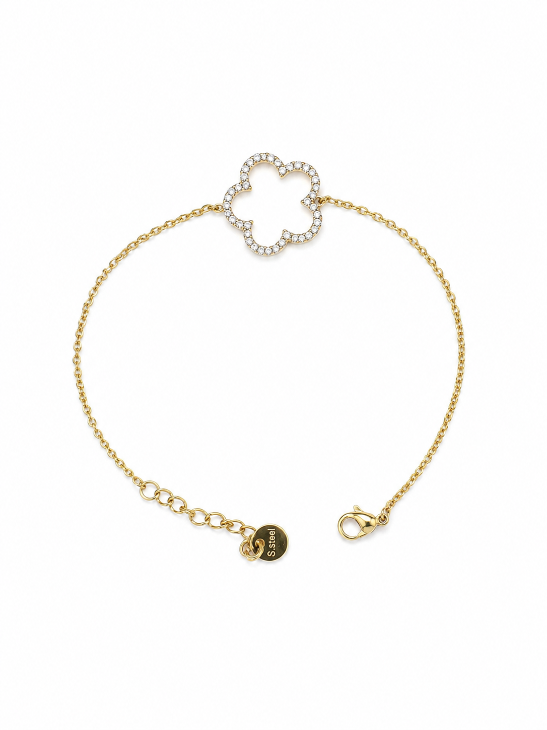 Pulsera Fiore dorada de cadena fina con motivo floral de circonitas blancas de BRAVATA.