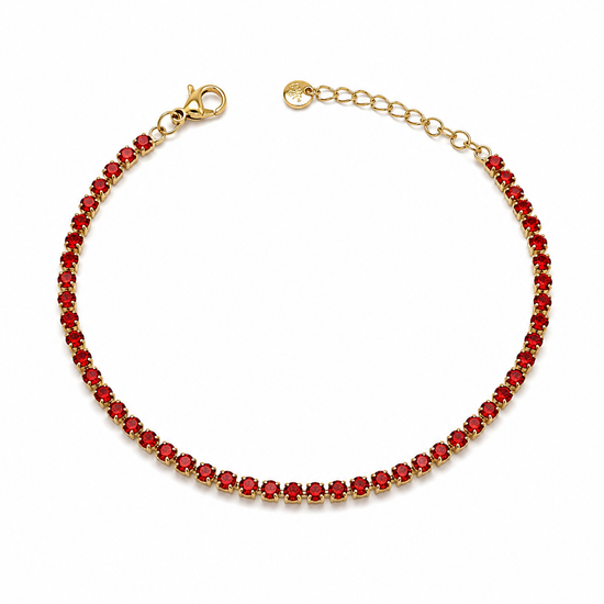 Pulsera Ruby dorada con una fila de circonitas rojas y cierre ajustable de BRAVATA.
