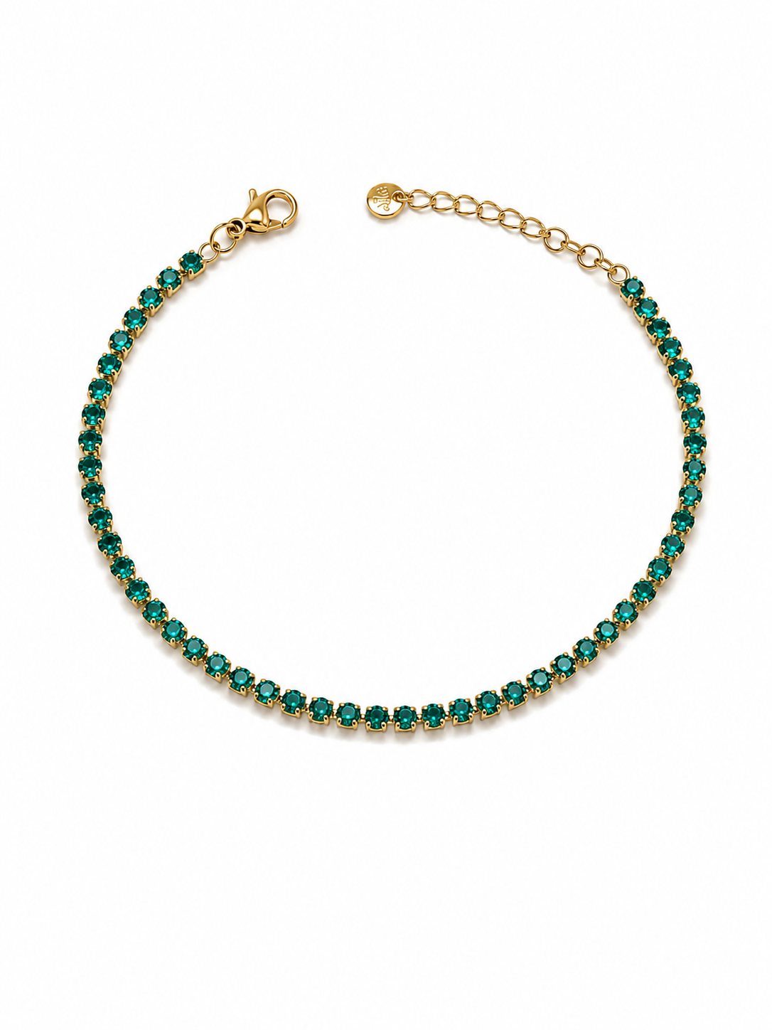 Pulsera Ruby dorada con una fila de circonitas verdes y cierre ajustable de BRAVATA.
