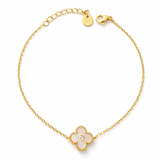 Pulsera dorada con trébol blanco y circonita